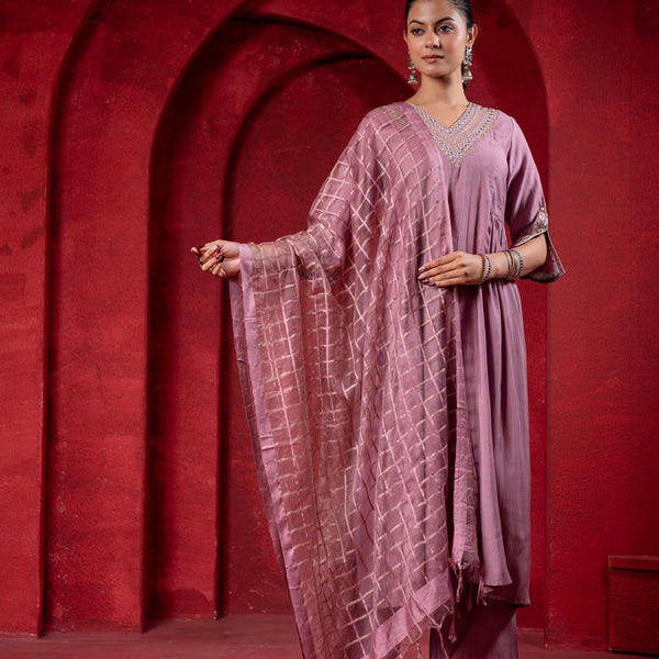 Juniper Onion Pink Elegance Chanderi Kurta Set With Geometric Dupatta