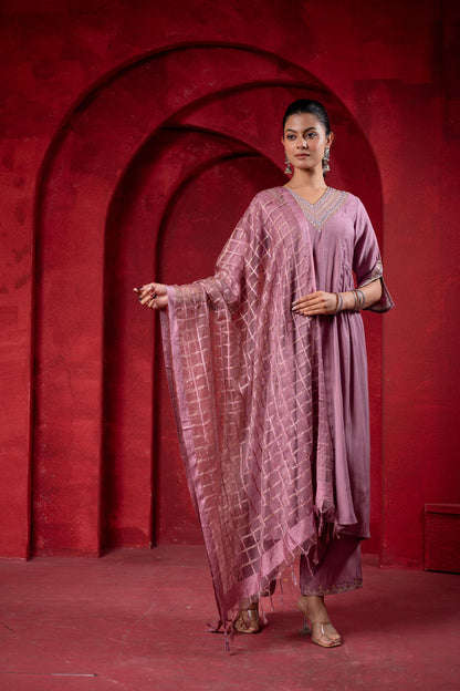 Juniper Onion Pink Elegance Chanderi Kurta Set With Geometric Dupatta - Distacart