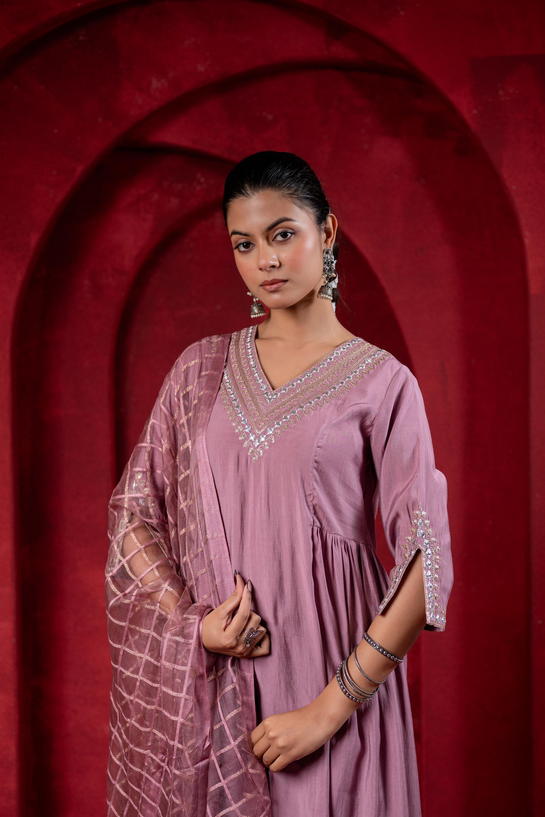 Juniper Onion Pink Elegance Chanderi Kurta Set With Geometric Dupatta