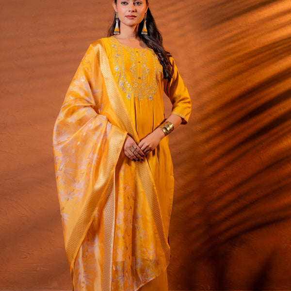 Juniper Mustard, Zari Embroidered Straight Kurta Set With Abstract Printed Dupatta - Distacart