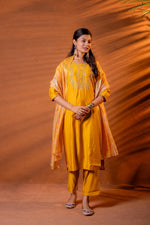 Thumbnail for Juniper Mustard, Zari Embroidered Straight Kurta Set With Abstract Printed Dupatta - Distacart