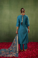 Thumbnail for Juniper Teal, Embroidered Kurta Set With Jacquard Dupatta - Distacart