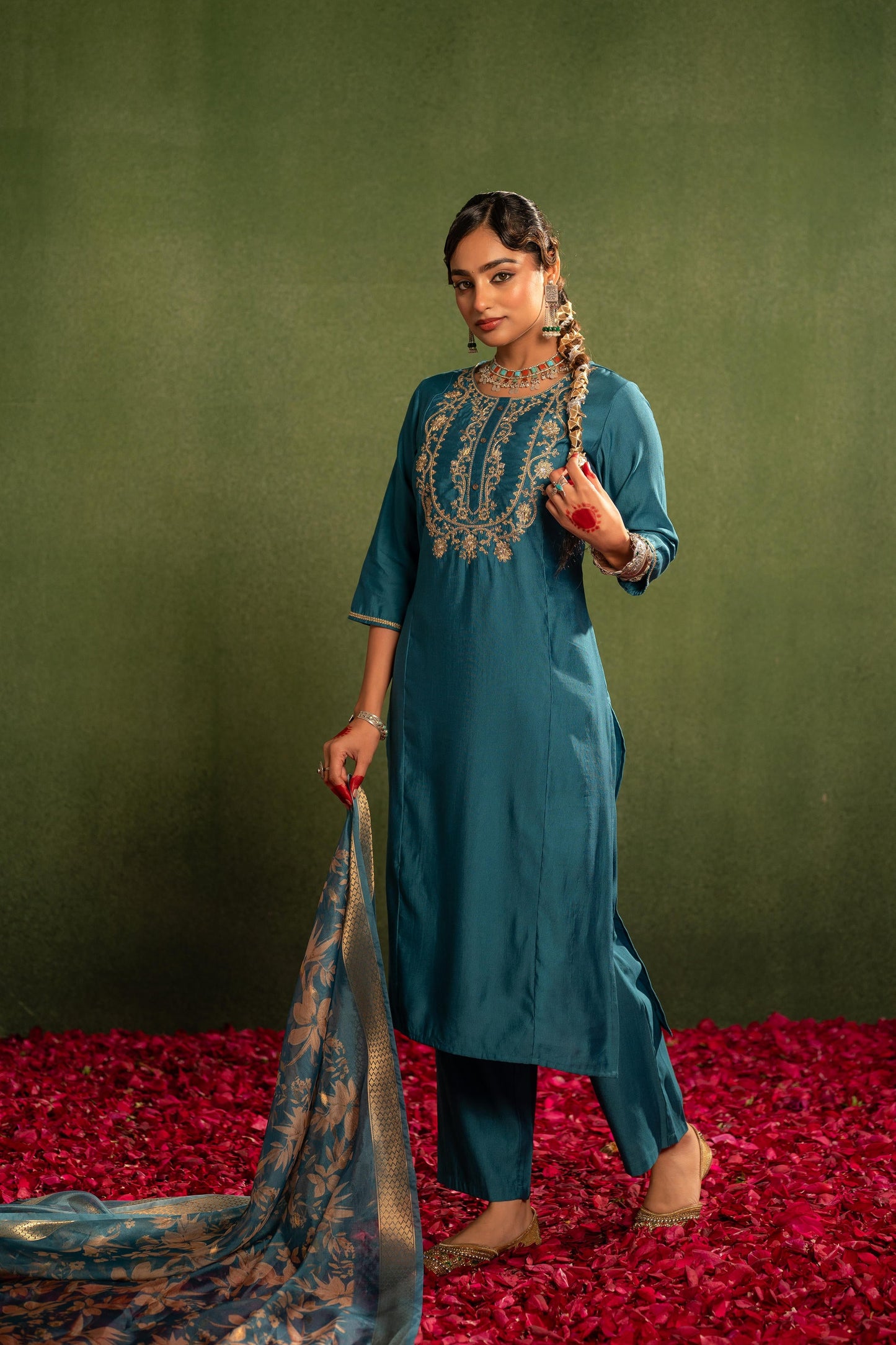Juniper Teal, Embroidered Kurta Set With Jacquard Dupatta - Distacart