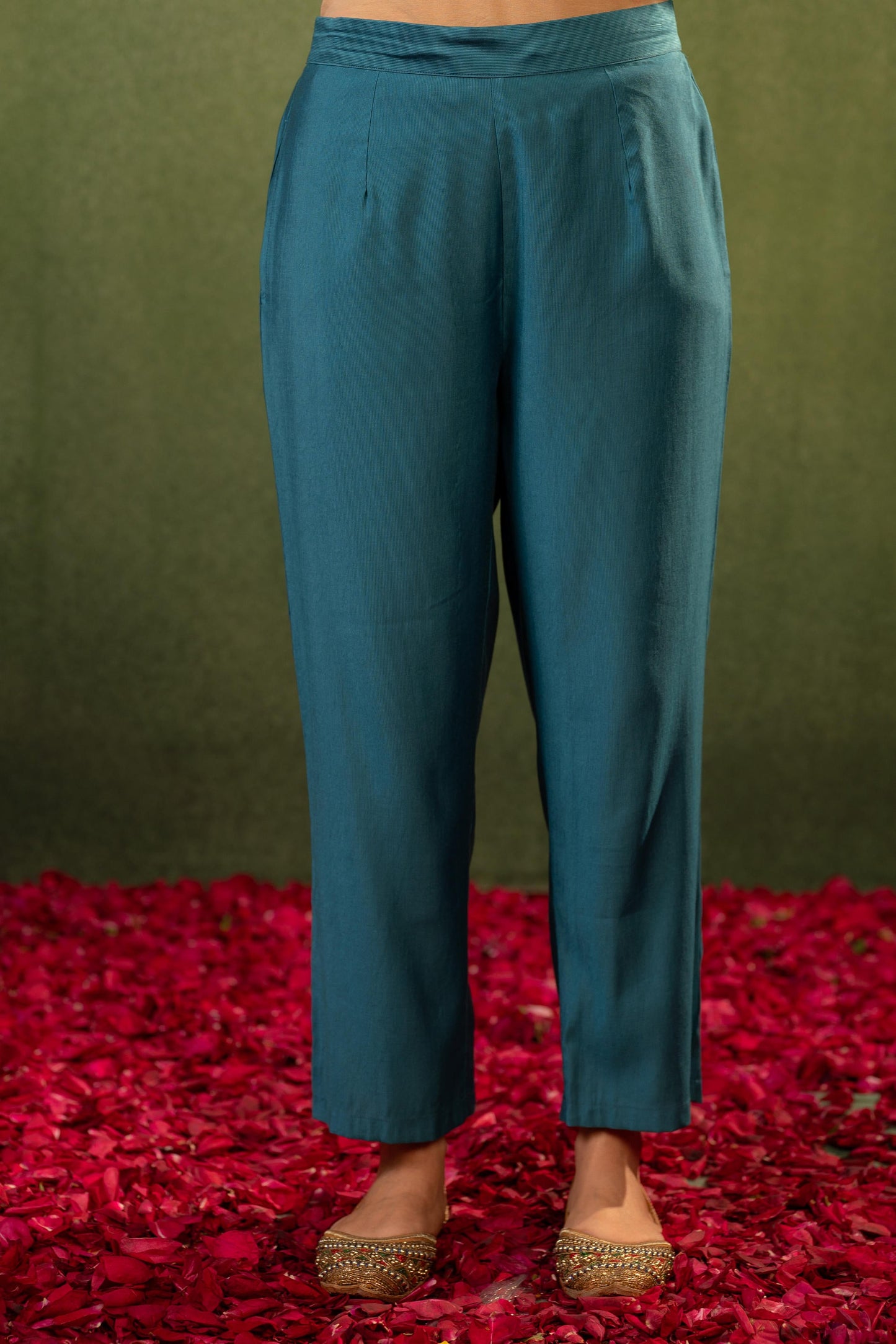 Juniper Teal, Embroidered Kurta Set With Jacquard Dupatta - Distacart