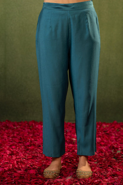 Juniper Teal, Embroidered Kurta Set With Jacquard Dupatta - Distacart
