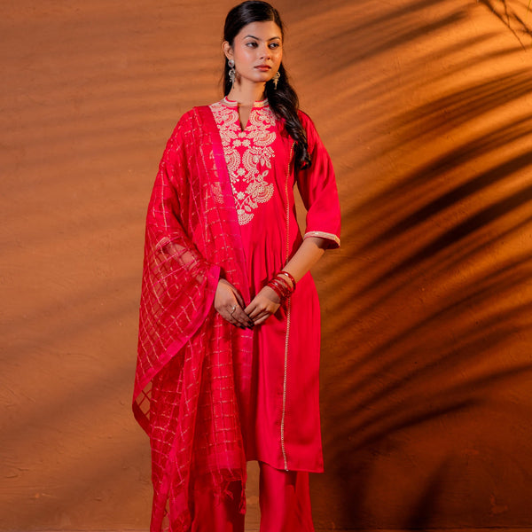 Juniper Fuchsia Embroidered Kurta Set With Zari Checked Dupatta