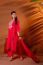 Thumbnail for Juniper Fuchsia Embroidered Kurta Set With Zari Checked Dupatta