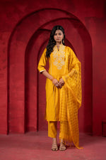 Thumbnail for Juniper Sunlit Mustard Embroidered Kurta Set With Zari Checked Dupatta
