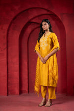 Thumbnail for Juniper Sunlit Mustard Embroidered Kurta Set With Zari Checked Dupatta