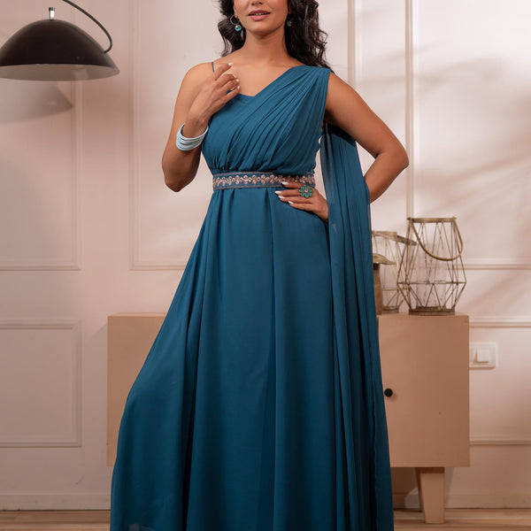 Juniper Ocean Teal Whispers One-Shoulder Gown