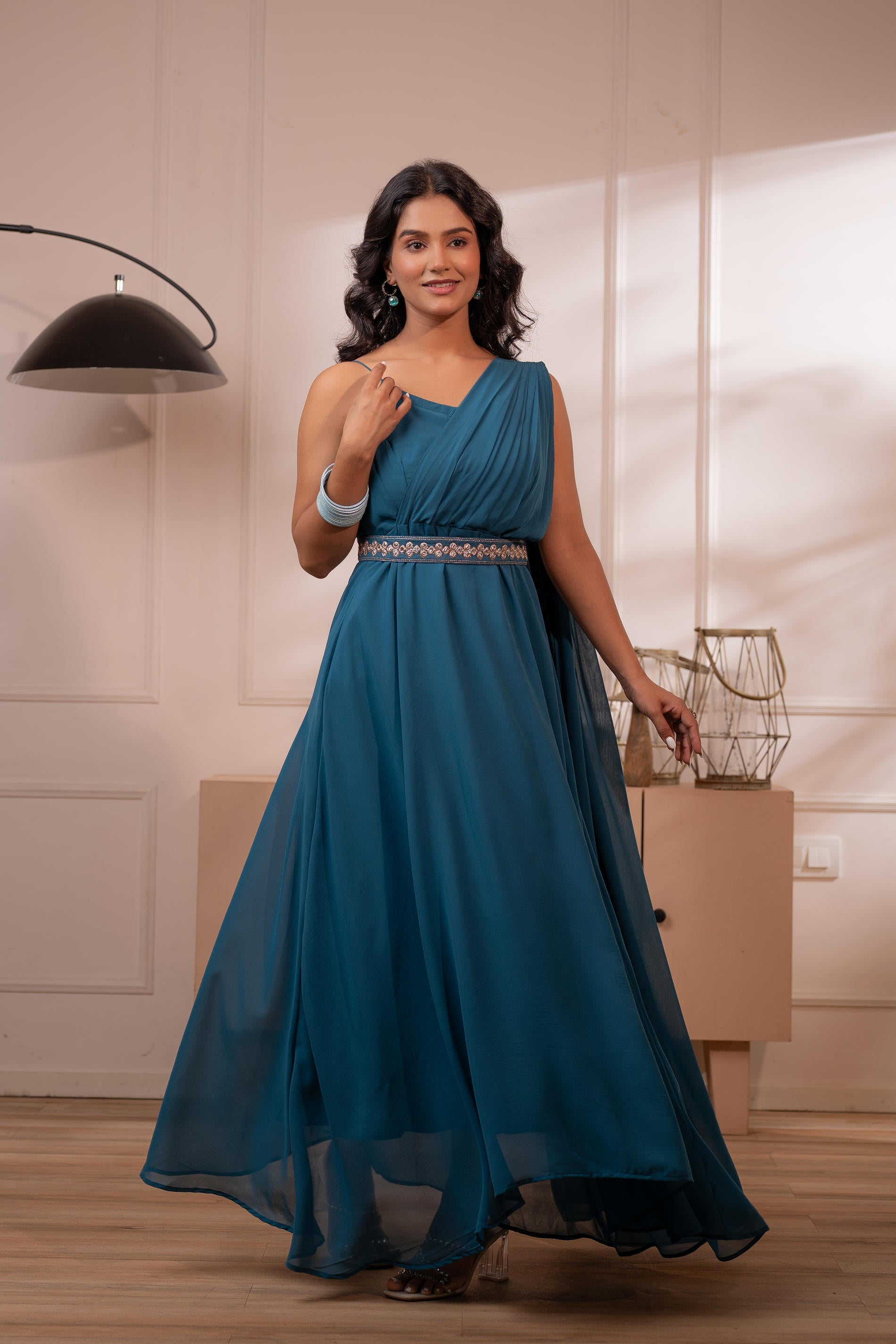 Juniper Ocean Teal Whispers One-Shoulder Gown