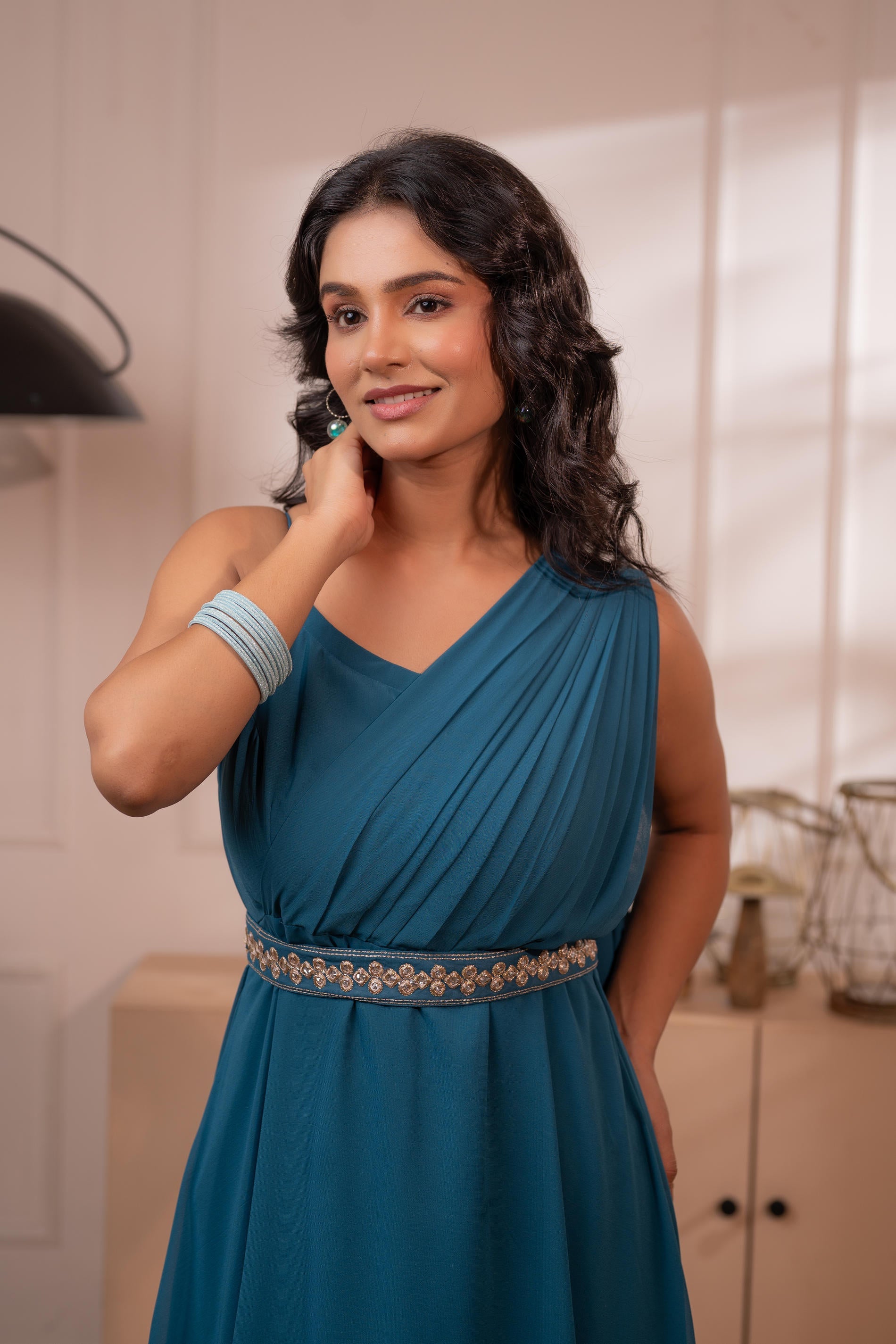 Juniper Ocean Teal Whispers One-Shoulder Gown