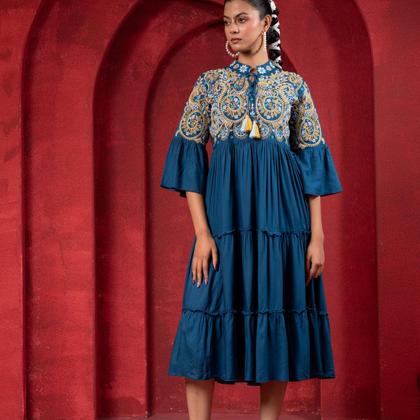 Juniper Indigo Tiered Dress With Multicolor Embroidered Yoke And Tassel Tie-Up