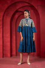 Thumbnail for Juniper Indigo Tiered Dress With Multicolor Embroidered Yoke And Tassel Tie-Up