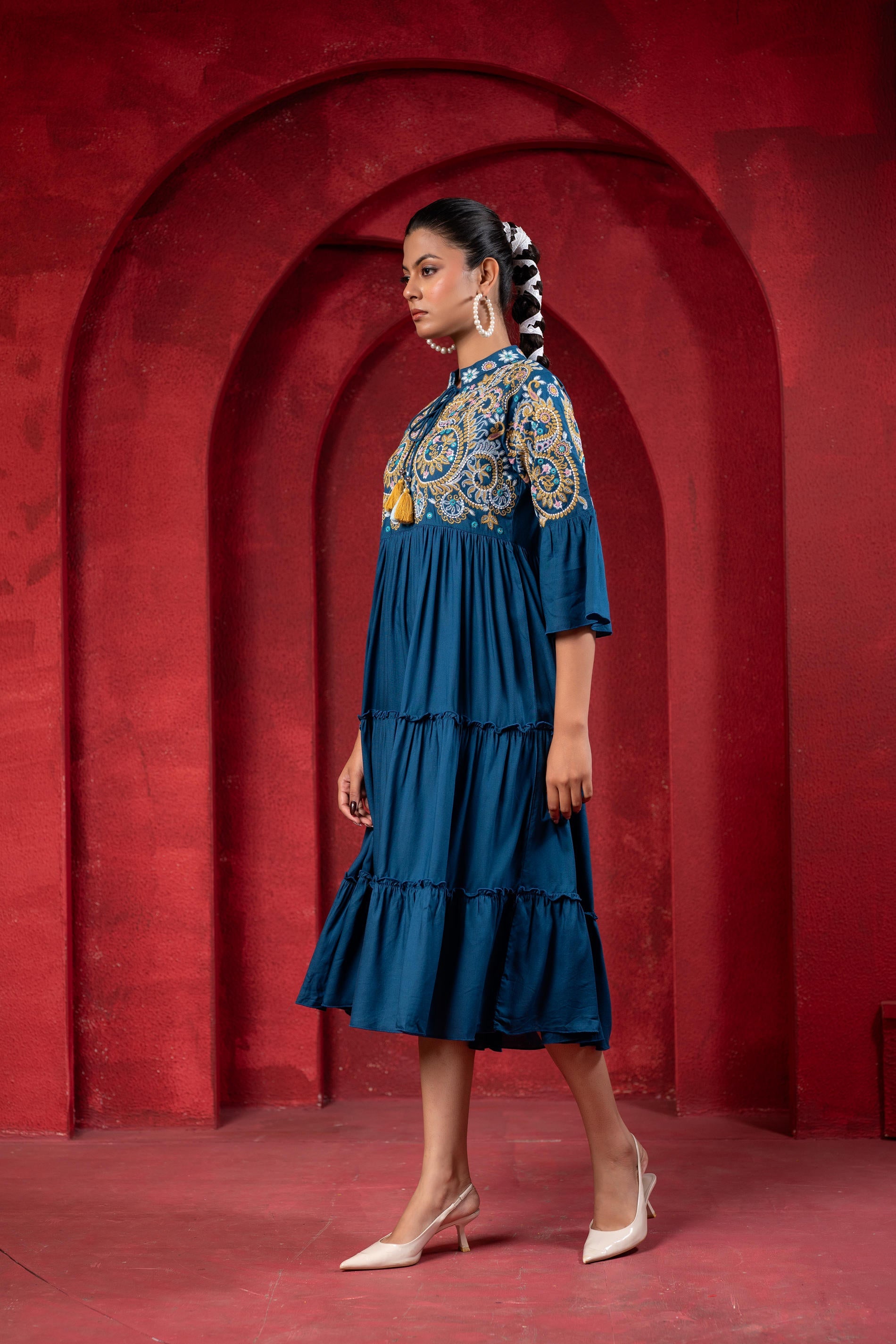 Juniper Indigo Tiered Dress With Multicolor Embroidered Yoke And Tassel Tie-Up