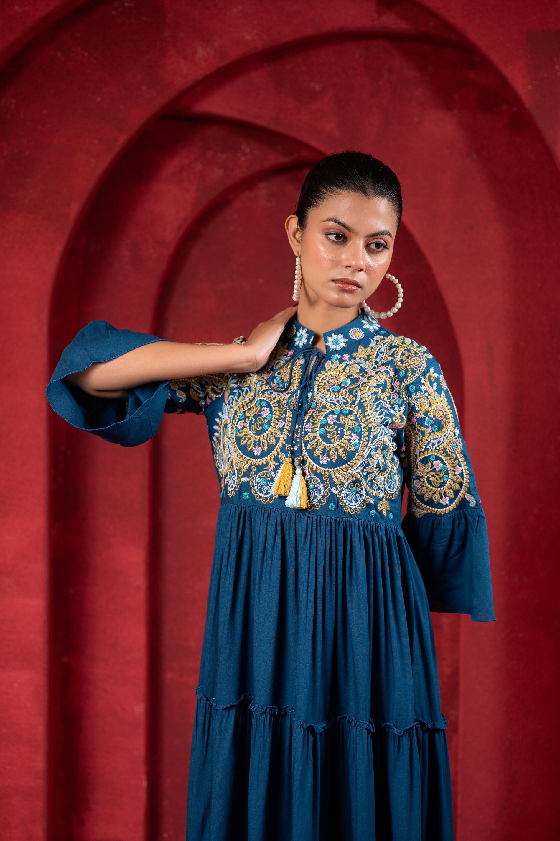 Juniper Indigo Tiered Dress With Multicolor Embroidered Yoke And Tassel Tie-Up