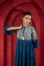 Thumbnail for Juniper Indigo Tiered Dress With Multicolor Embroidered Yoke And Tassel Tie-Up