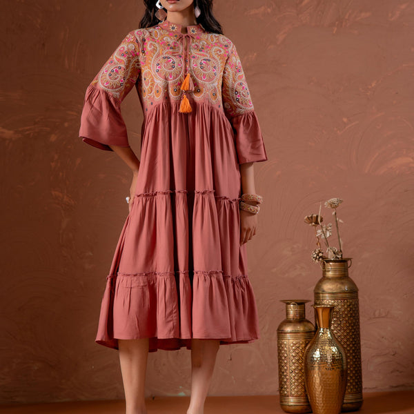 Juniper Rust Tiered Dress With Multicolor Embroidered Yoke And Tassel Tie-Up