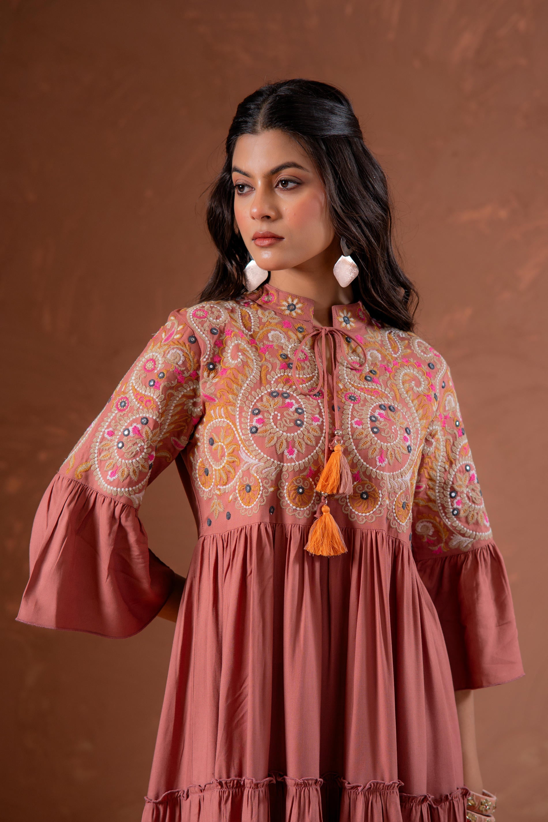 Buy Juniper Rust Tiered Dress With Multicolor Embroidered Yoke And Tassel Tie-Up Online at Low Prices - Indian Store Buy Juniper Rust Tiered Dress With Multicolor Embroidered Yoke And Tassel Tie-Up Online at Low Prices - Indian Store