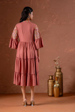 Thumbnail for Juniper Rust Tiered Dress With Multicolor Embroidered Yoke And Tassel Tie-Up