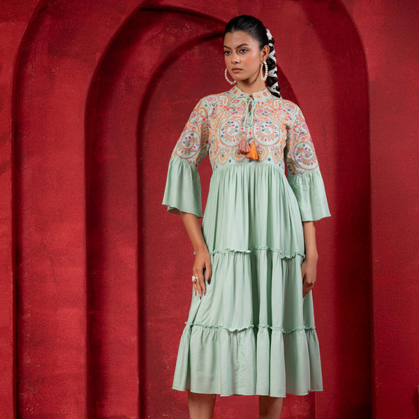Juniper Sage Green Tiered Dress With Multicolor Embroidered Yoke And Tassel Tie-Up