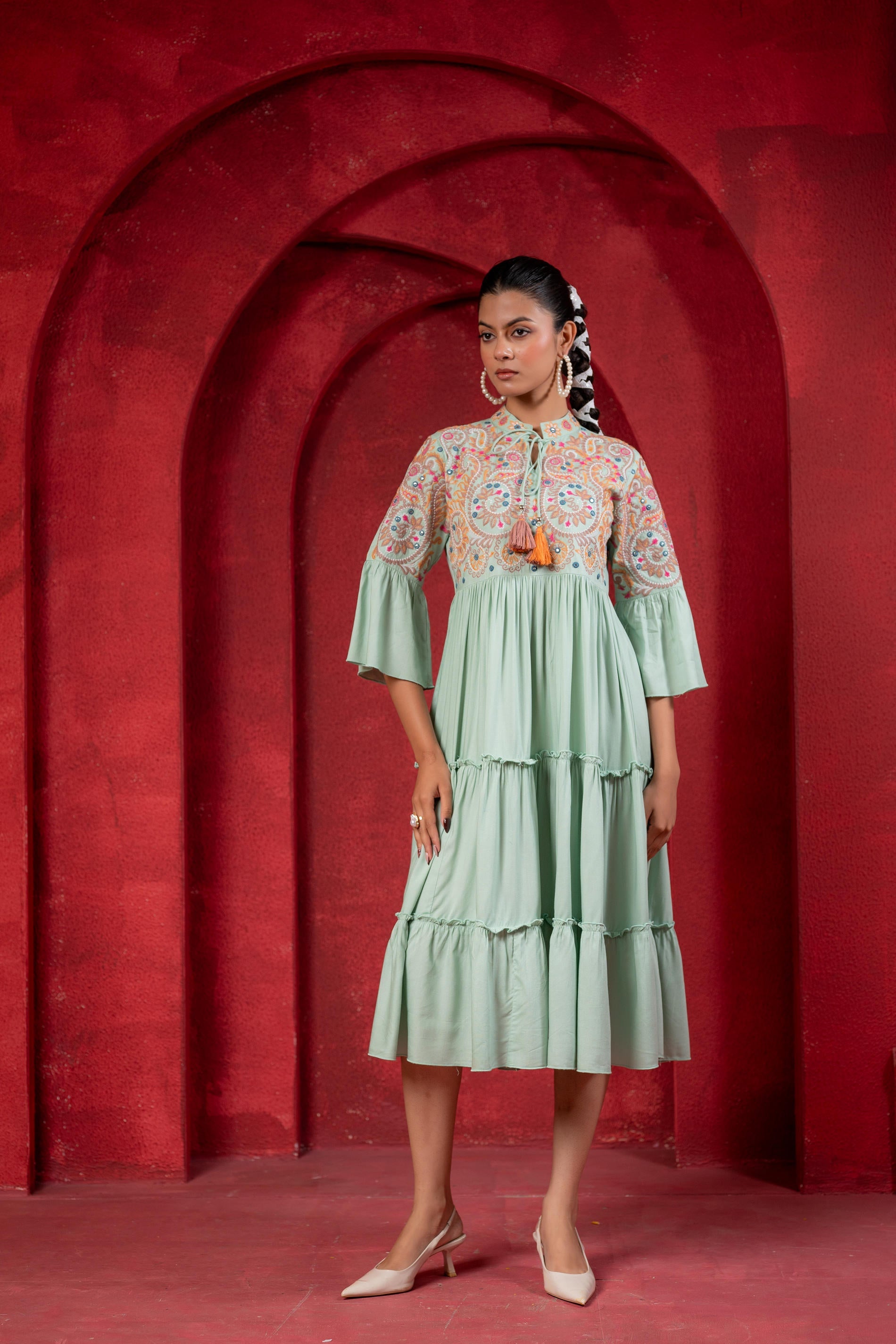 Juniper Sage Green Tiered Dress With Multicolor Embroidered Yoke And Tassel Tie-Up - Distacart