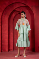 Thumbnail for Juniper Sage Green Tiered Dress With Multicolor Embroidered Yoke And Tassel Tie-Up
