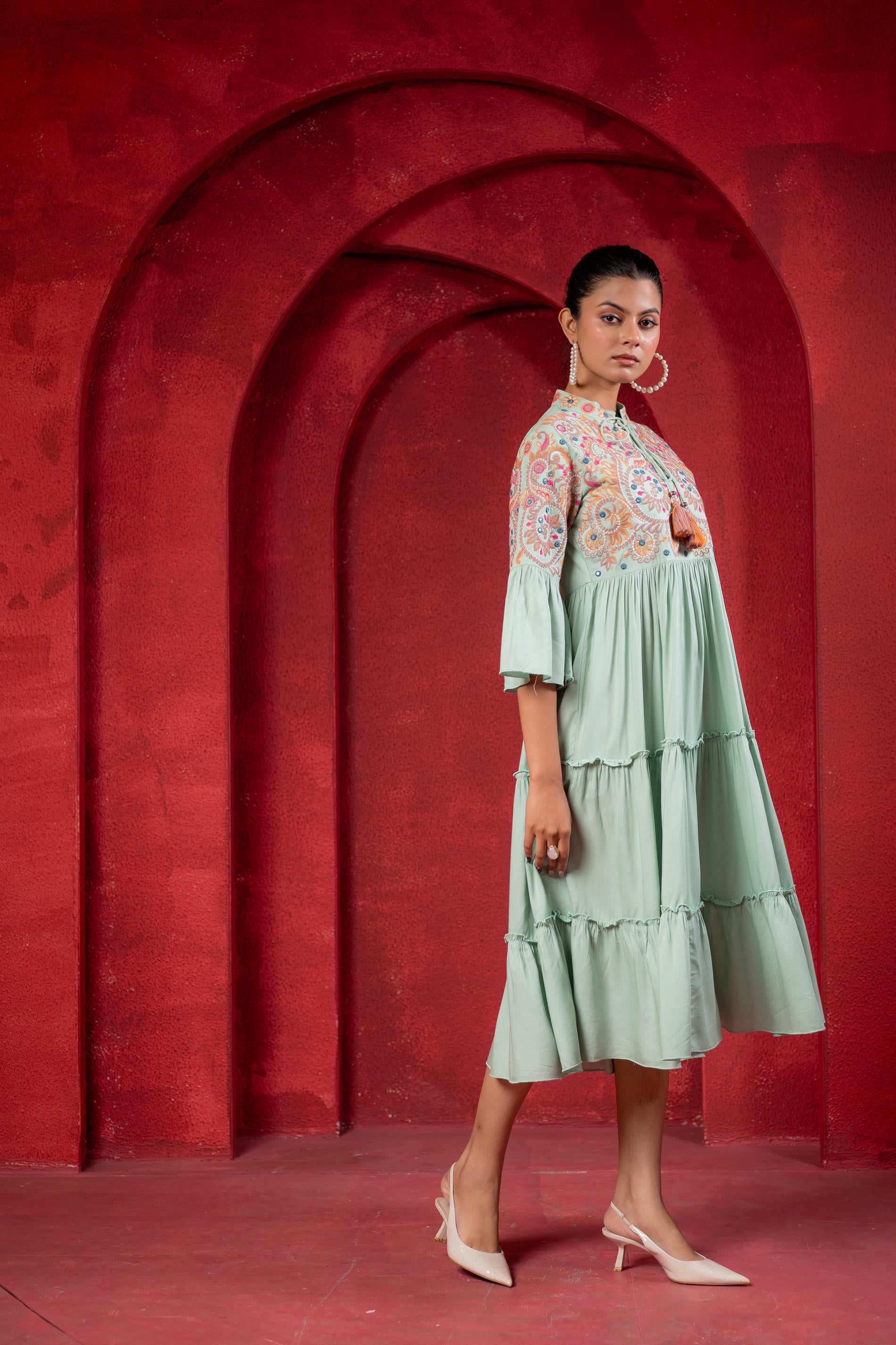 Buy Juniper Sage Green Tiered Dress With Multicolor Embroidered Yoke And Tassel Tie-Up Online at Low Prices - Indian Store Buy Juniper Sage Green Tiered Dress With Multicolor Embroidered Yoke And Tassel Tie-Up Online at Low Prices - Indian Store