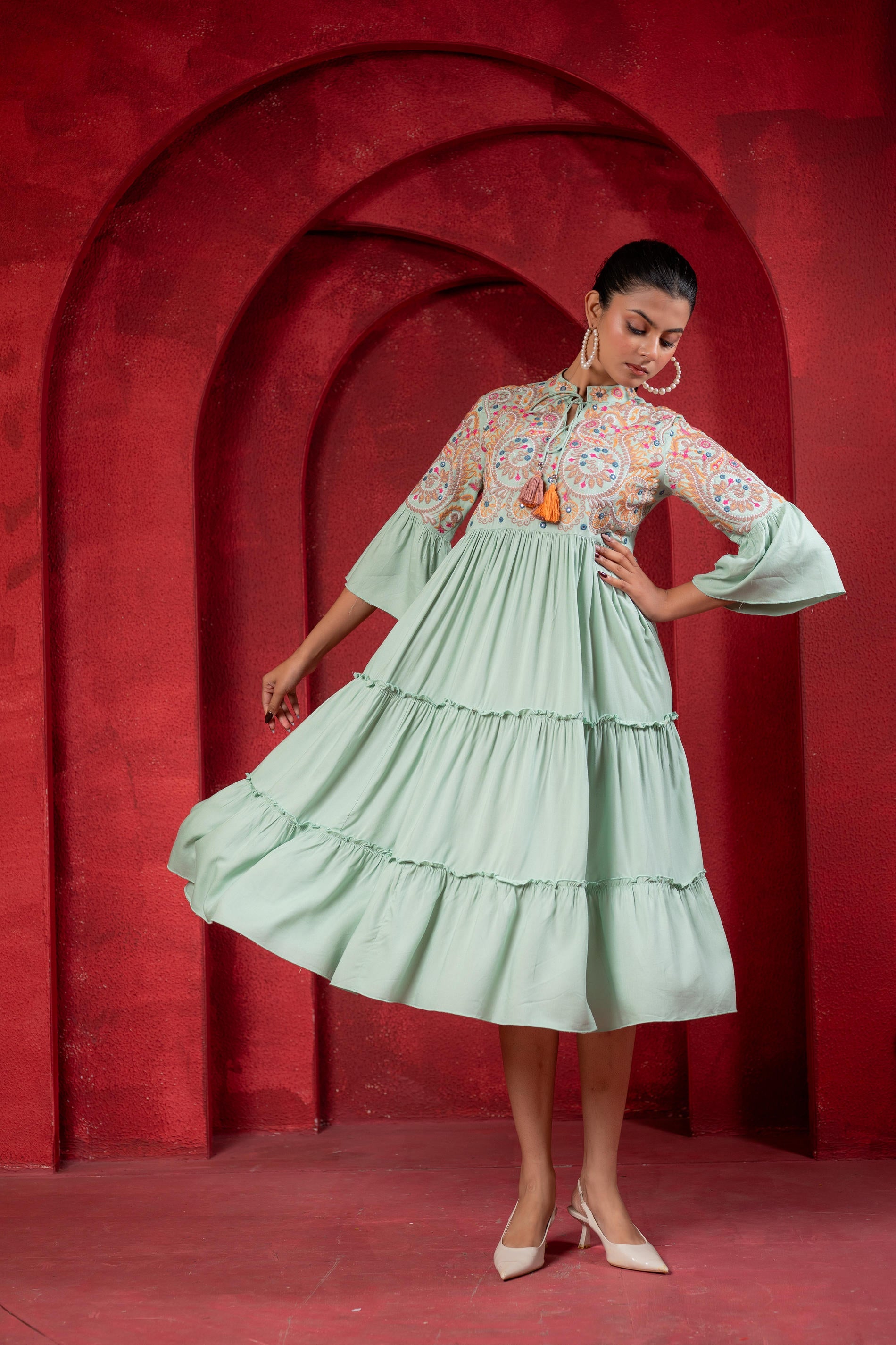 Juniper Sage Green Tiered Dress With Multicolor Embroidered Yoke And Tassel Tie-Up