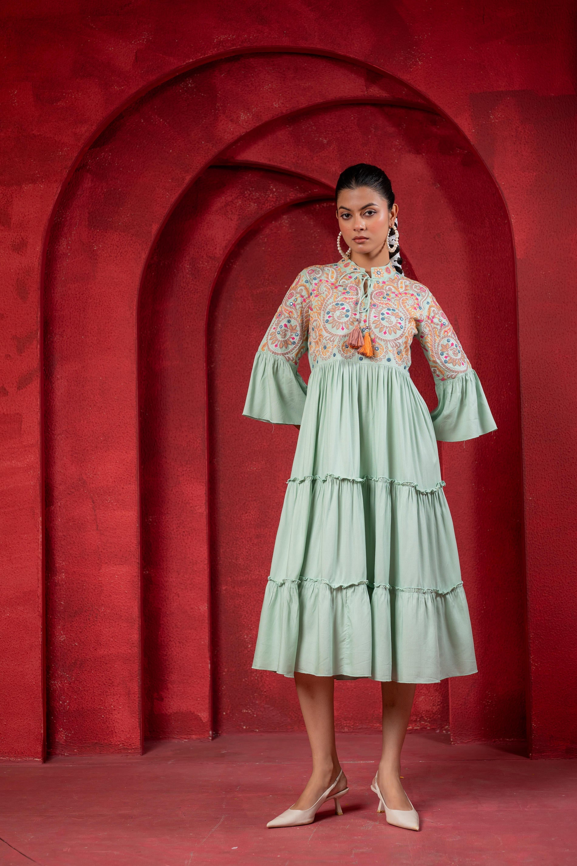 Juniper Sage Green Tiered Dress With Multicolor Embroidered Yoke And Tassel Tie-Up