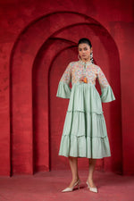 Thumbnail for Juniper Sage Green Tiered Dress With Multicolor Embroidered Yoke And Tassel Tie-Up