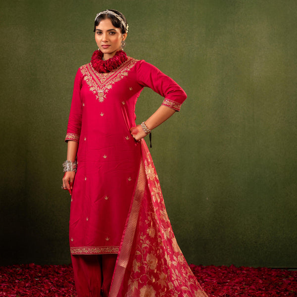Juniper Laal Gulnaar Heritage Embroidered Kurta Set - Distacart