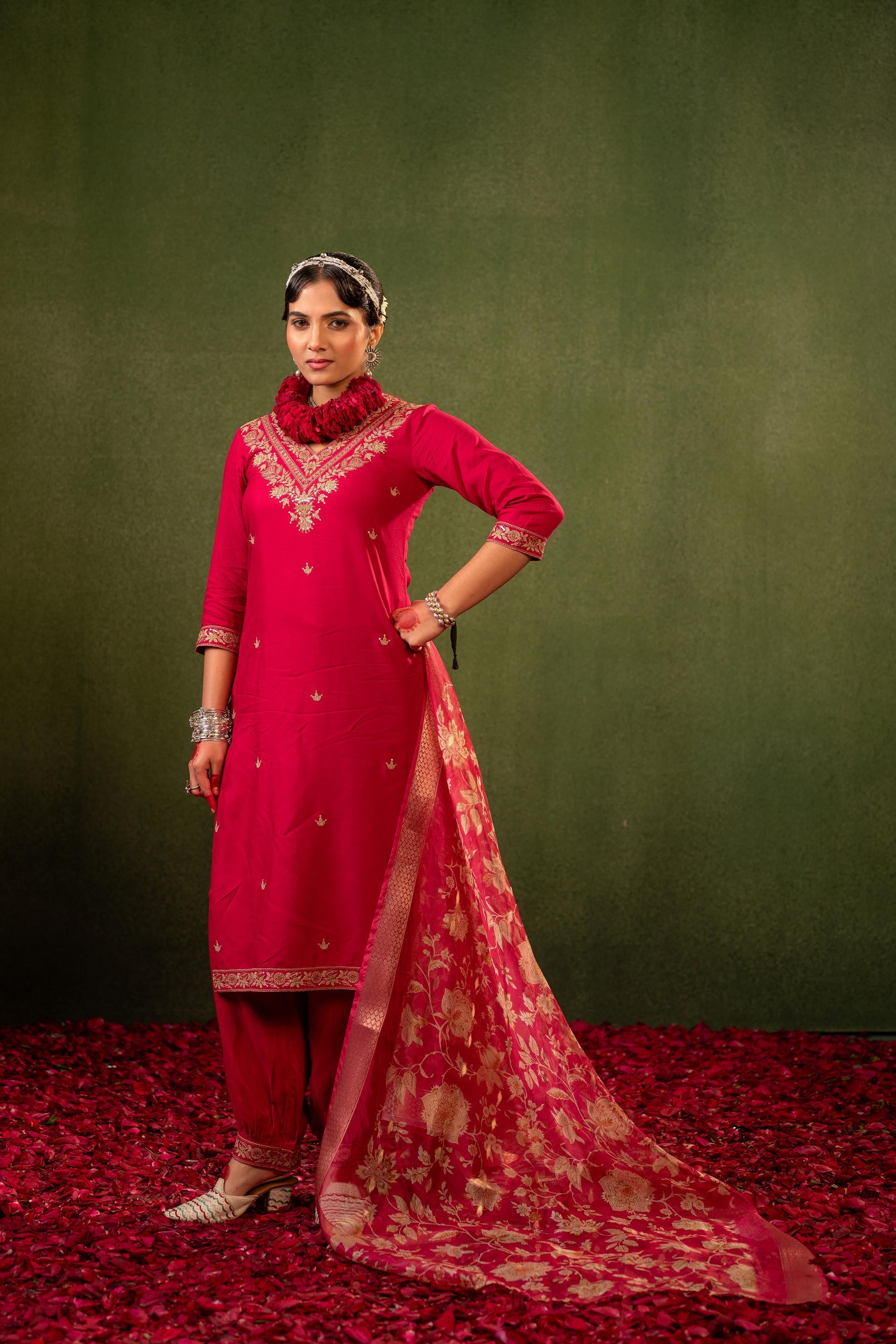 Juniper Laal Gulnaar Heritage Embroidered Kurta Set - Distacart