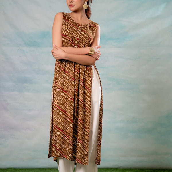 Juniper Women'S Brown Ethnic Motif Printed Sleeveless Kurta