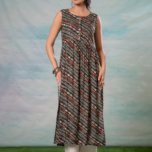 Juniper Women'S Navy Ethnic Motif Printed Sleeveless Kurta