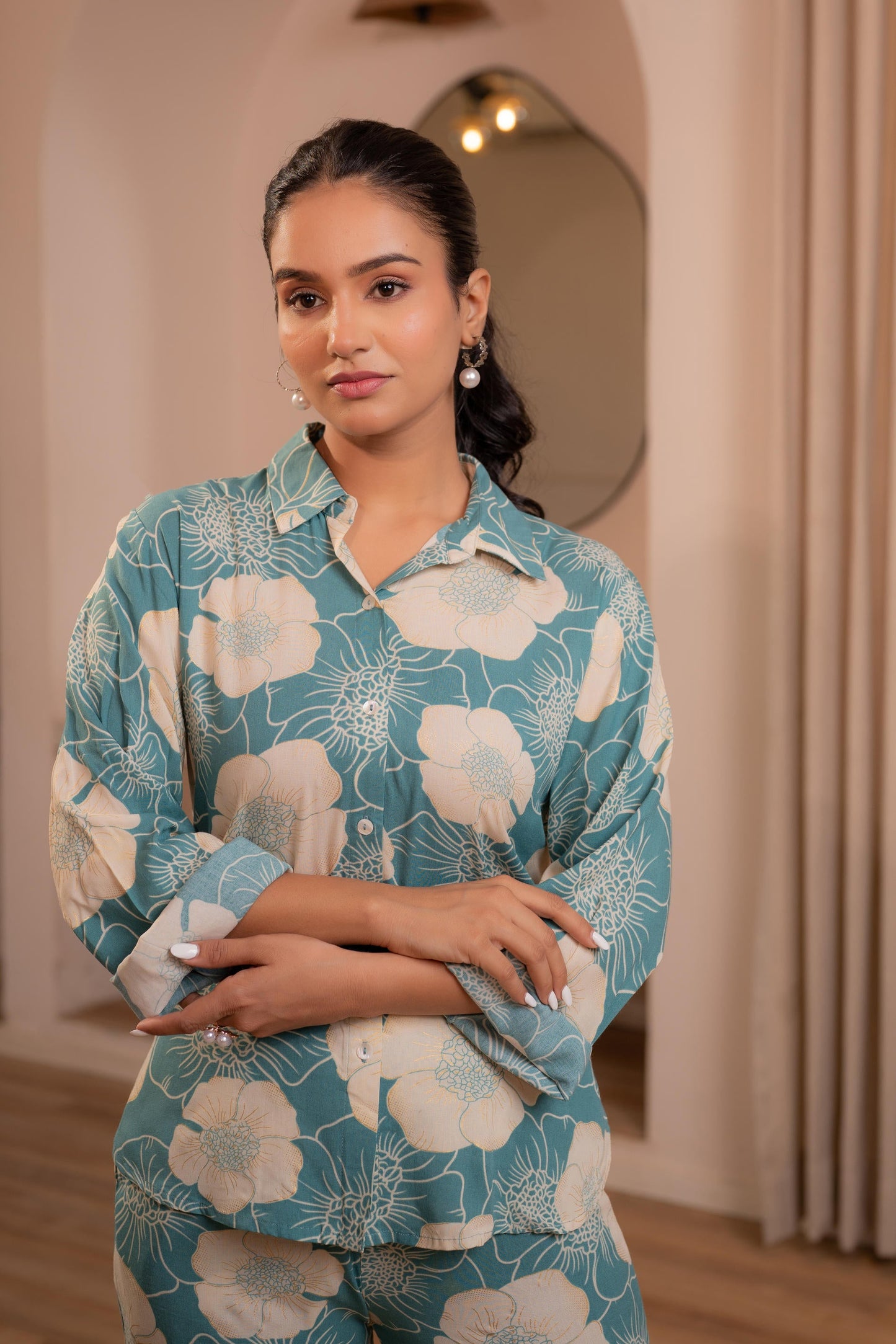 Juniper Women'S Mint Floral Printed Co-Ord Set With Button Details - Distacart