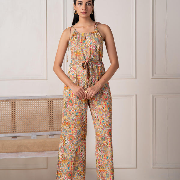 Juniper Multi Printed Abstract Viscose Jumpsuit With Belt