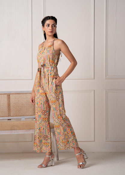 Juniper Multi Printed Abstract Viscose Jumpsuit With Belt - Distacart