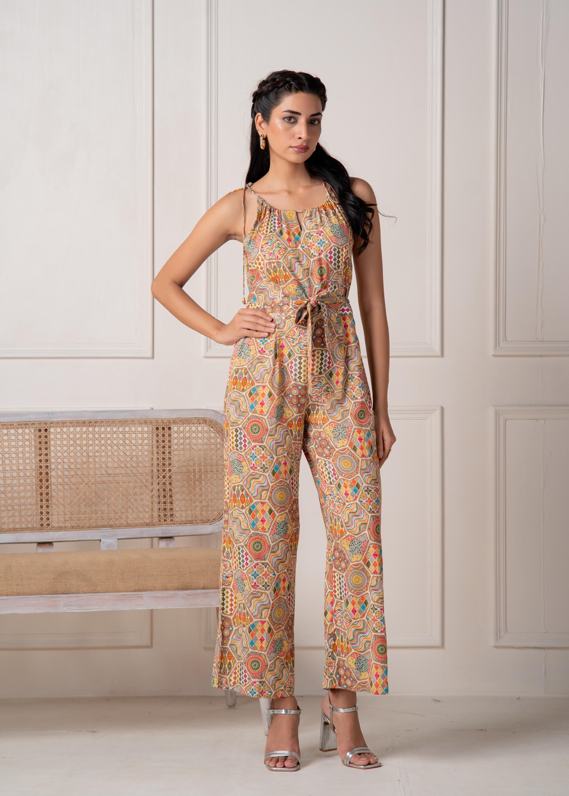 Juniper Multi Printed Abstract Viscose Jumpsuit With Belt