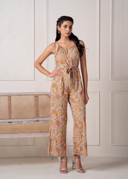Juniper Multi Printed Abstract Viscose Jumpsuit With Belt - Distacart