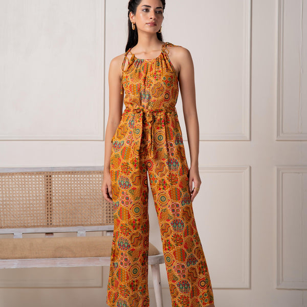 Juniper Mustard Printed Abstract Viscose Jumpsuit With Belt