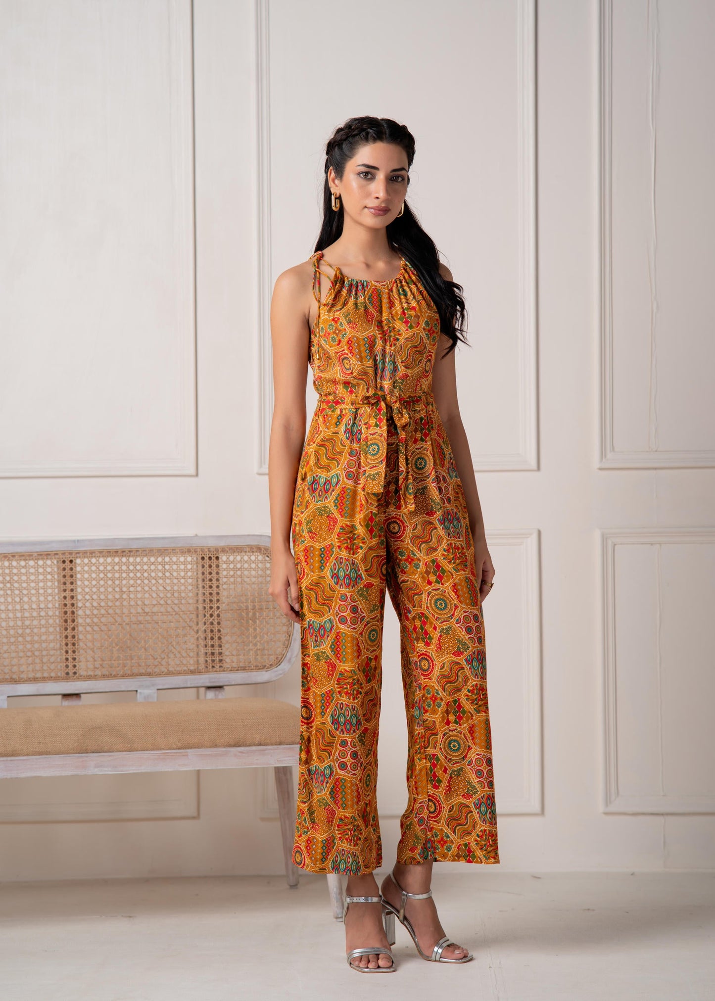 Juniper Mustard Printed Abstract Viscose Jumpsuit With Belt - Distacart