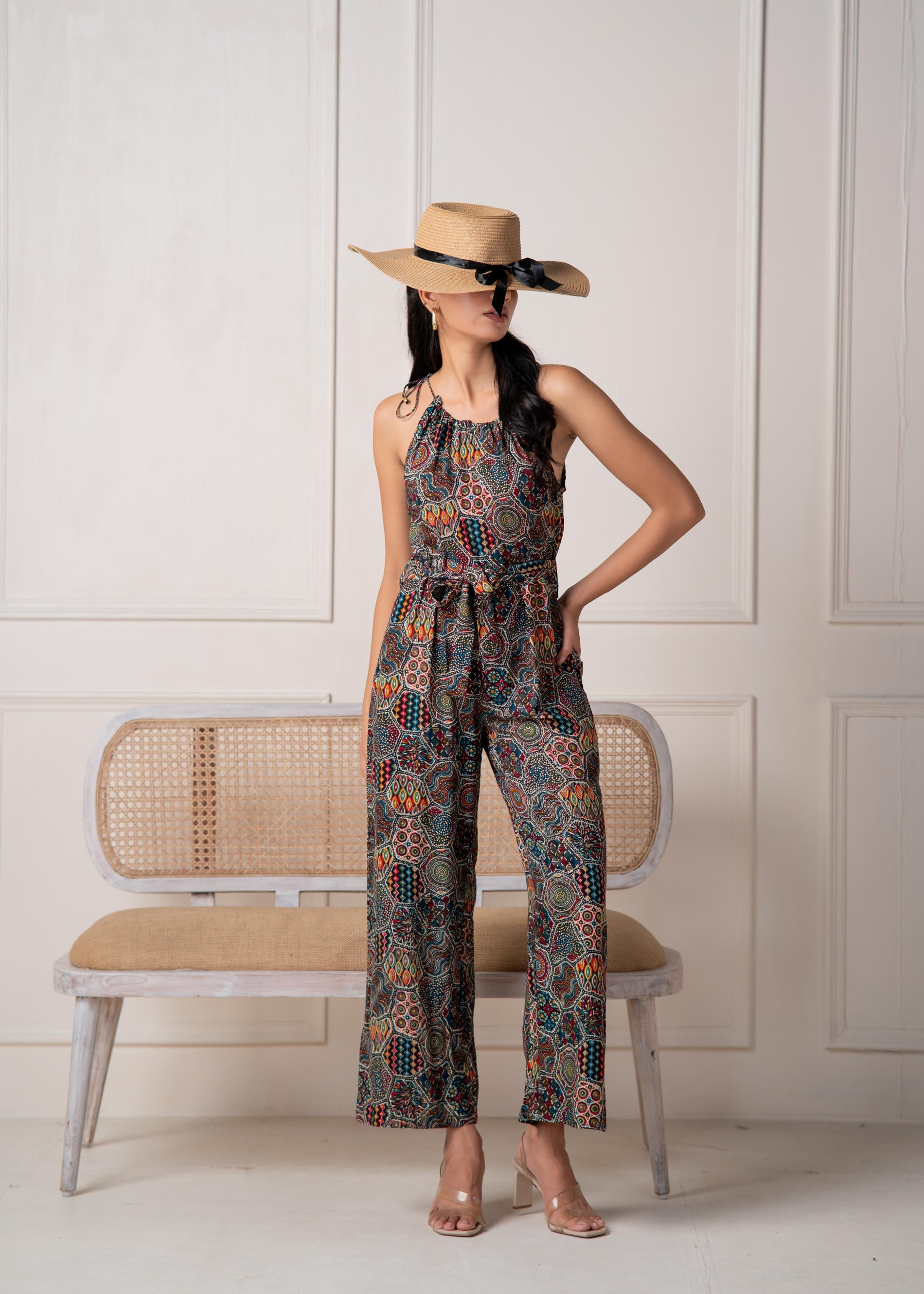 Juniper Navy Printed Abstract Viscose Jumpsuit With Belt