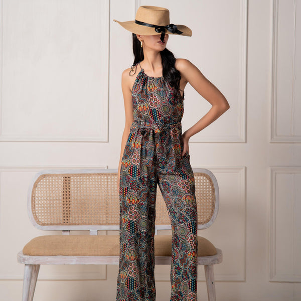 Juniper Navy Printed Abstract Viscose Jumpsuit With Belt