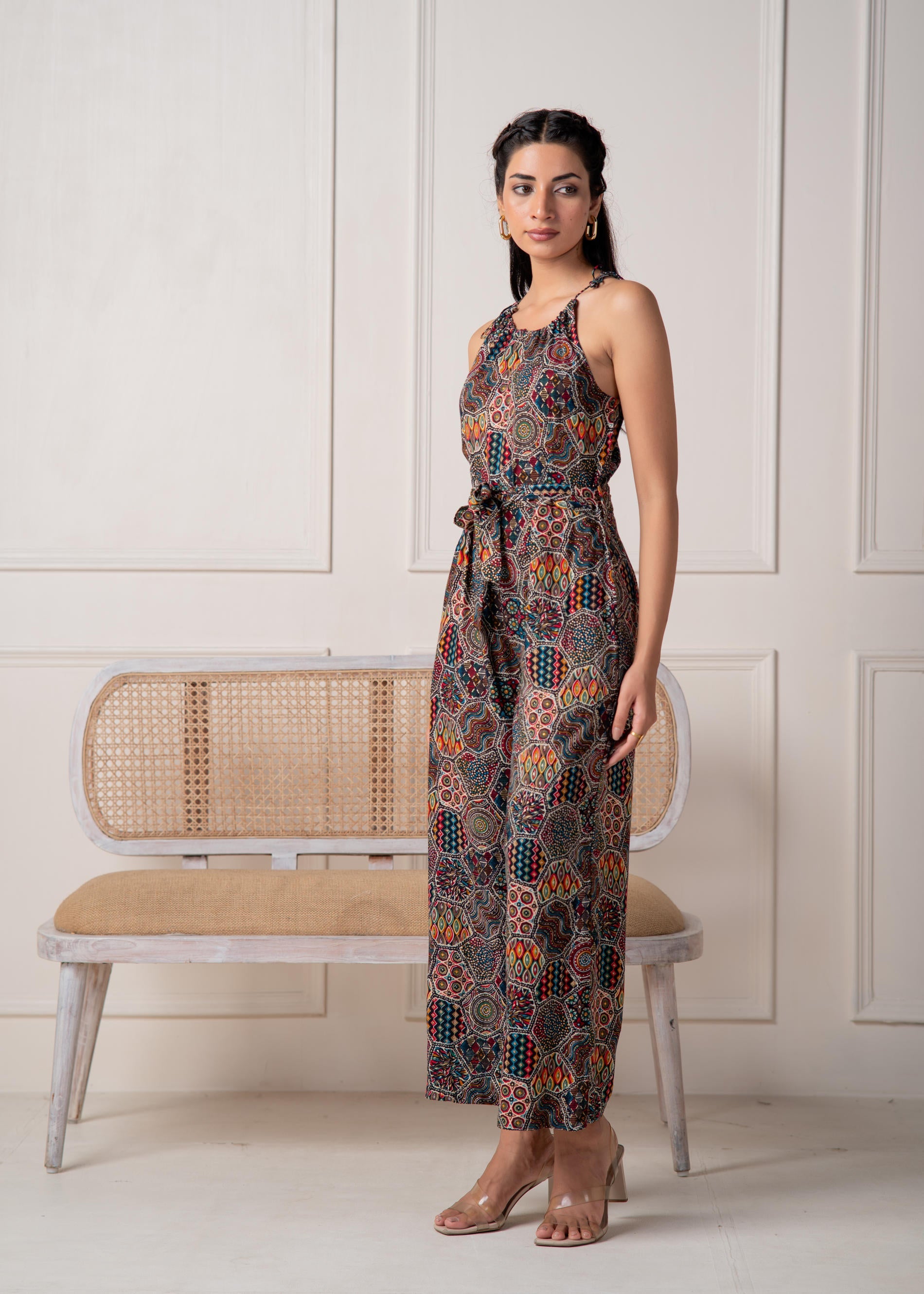 Juniper Navy Printed Abstract Viscose Jumpsuit With Belt
