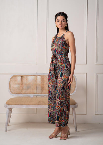 Juniper Navy Printed Abstract Viscose Jumpsuit With Belt - Distacart
