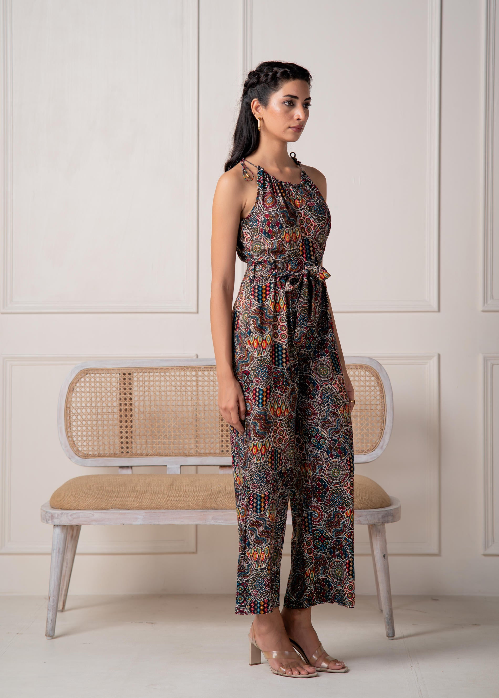 Juniper Navy Printed Abstract Viscose Jumpsuit With Belt