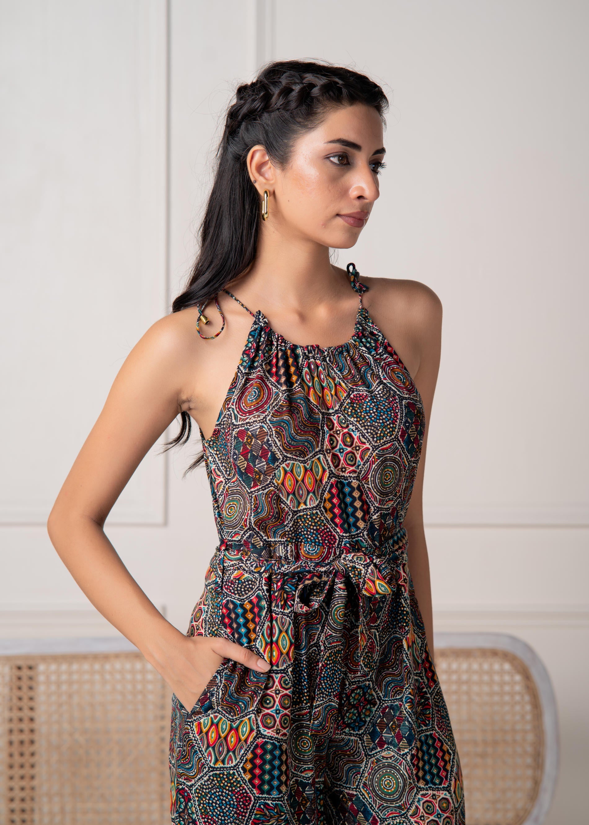 Juniper Navy Printed Abstract Viscose Jumpsuit With Belt