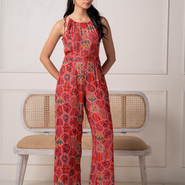 Juniper Rust Multi-Motif Bohemian Printed Sleeveless Jumpsuit - Distacart