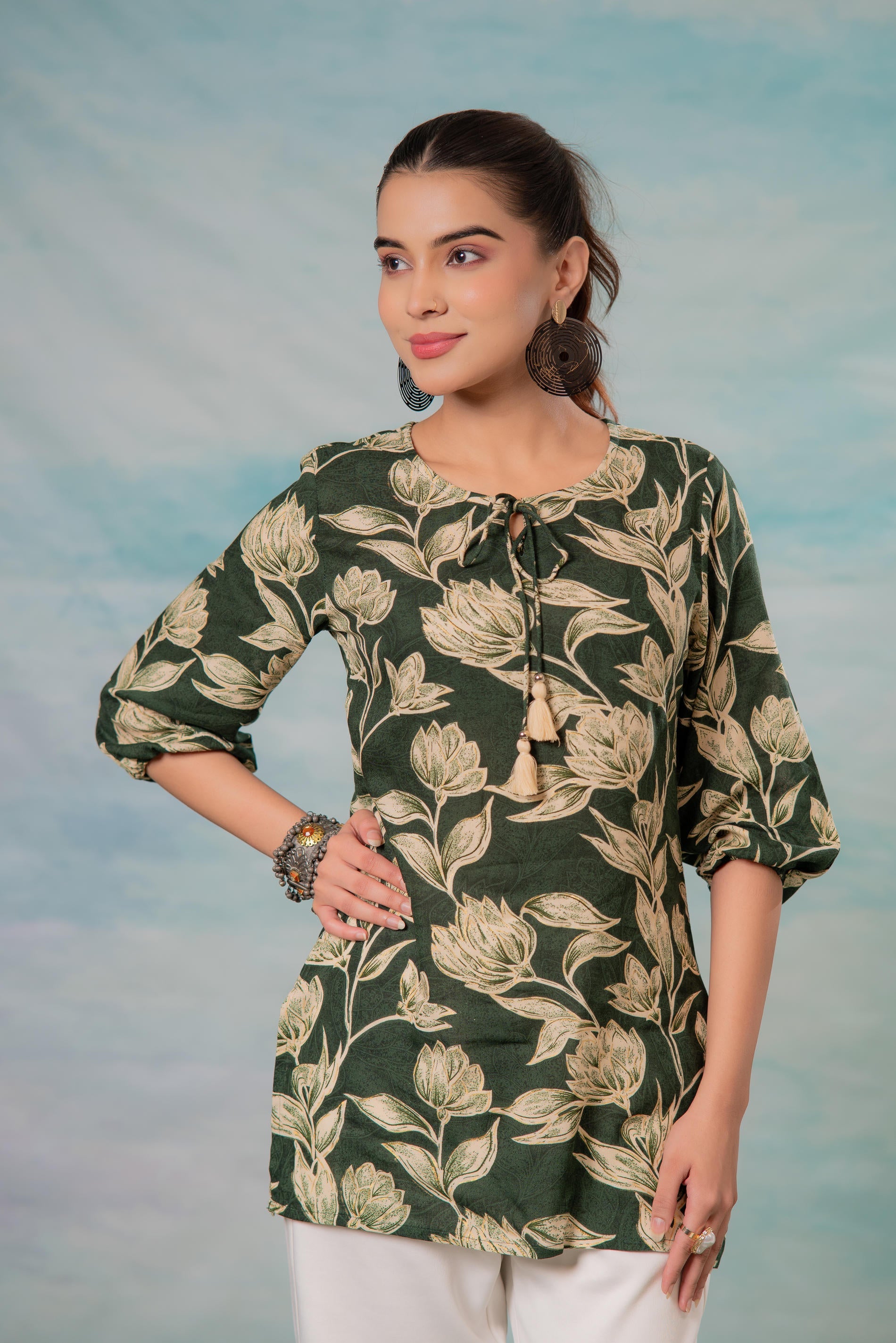 Juniper Green Floral Printed Viscose Tunic